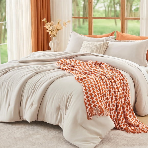 MUXHOMO Beige Oversized King Comforter Sets, All Season Ultra Soft Down Alternative Bedding - 3 Piece Lightweight Bed Set Includes 1 Comforter (120"x98") and 2 Pillow Sh