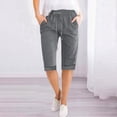 thumbnail image 2 of Summer Clearance 2025! Womens Plus Size Pants,Women Solid Color High Waisted Elastic Drawstring With Pocket Cotton And Linen Five Quarter Pants, 2 of 5