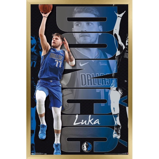 NBA Dallas Mavericks - Luka Doncic 19 Wall Poster, 22.375" x 34" depicting Luka Doncic in a blue Dallas Mavericks jersey number 77 mid-jump shooting a basketball. The poster includes a large stylized 'DONCIC' text with a grayscale background image of Luka in the same uniform and the Dallas Mavericks logo at the bottom. Printed on glossy paper, this wall art suits sports fans and home décor.