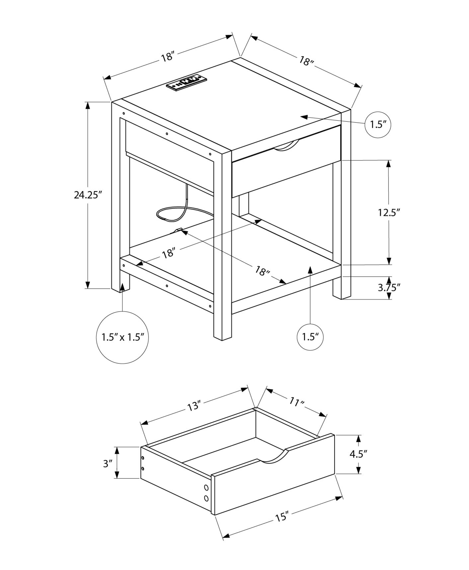 Monarch Specialties - Table D'Appoint, 24"H, 2 Niveaux, Bout, Table D'Appoint, Table De Nuit, Lampe, Tiroir De Rangement, Stratifié Taupe Foncé, Métal Noir, Contemporain