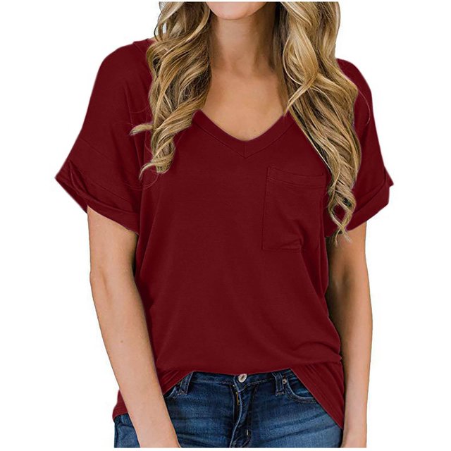 Pompotops Femmes Solide Manches Courtes V-Cou Poches Décontractées Tee-Tops T-Shirt