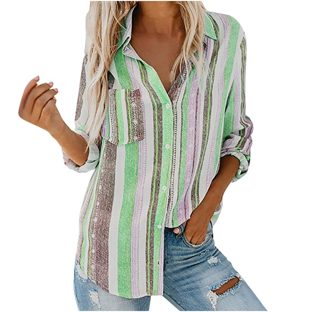 Cameland Blouses Mode pour Femmes Col en V Rayé Manches Retroussables avec Poche Chemise Ample