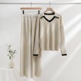 thumbnail image 2 of Yuyuzo Womens Ribble Knit Fall 2 Piece Sets Long Sleeve Lapel V Neck Shirts with Straight Leg High Waisted Pants, 2 of 4