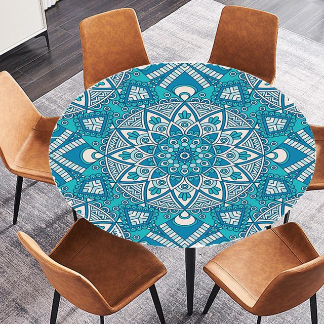 DOLITY Elastic Fitted Table Cover - Large Round, Blue Kaleidoscope Pattern - Fits H 1.5m