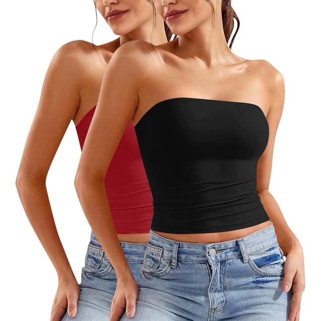 ZACPNCV 2PC Women's Shapewear Tube Tops Strapless Ruched Built-in Shelf Bra Casual Red 2XL