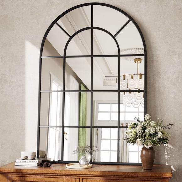 BEAUTYPEAK 36" x 24" Arched Windowpane Mirror Decor Wall Mirror, Black