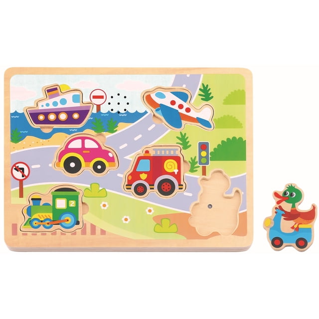TOOKYLAND Vehicule Sounds Peg Puzzle, an interactive educational toy with 7 wooden pieces featuring sound effects for a boat, plane, car, fire truck, train, and scooter. The puzzle board displays vibrant multicolour illustrations and matching cutouts for each vehicle. Made of durable wood with rounded edges and painted with child-safe, non-toxic paint. Suitable for toddlers aged 18 months and older.
