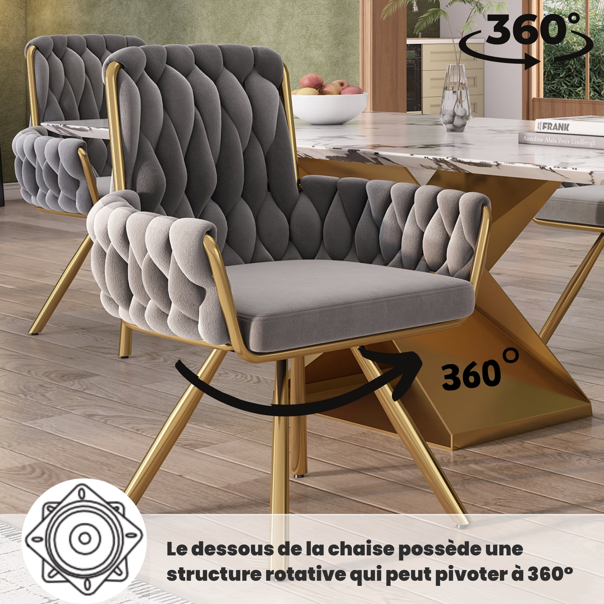 Ensemble de 2 chaises de salle à manger en velours Noble House, fauteuil pivotant capitonné luxueux, gris