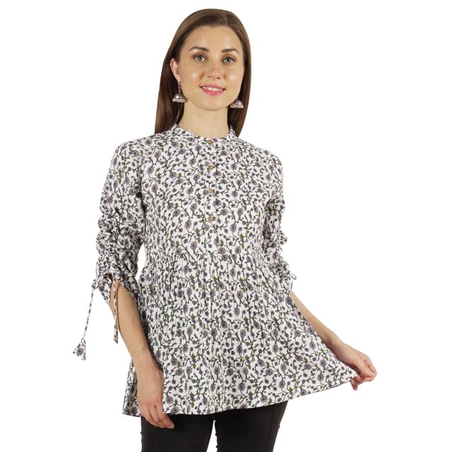 Moomaya Haut Imprimé Manches 3/4 Col Mandarin Tunique Courte Plissée Ajustée et Évasée pour Femmes