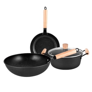 Amdohai 3PCS Set de cuisson poêle Wok avec pots à limaces et poêles Set de maifan en pierre antiadhésif Poêles à oeufs avec poignée en bois pour la cuisine alimentaire Nouilles