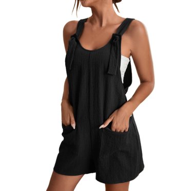 Baberdicy Combinaison Short pour Femme à Bretelles à Nouer, Salopette Courte à Encolure Dégagée, Combinaison avec Poche, Combinaison Décontractée Noire P-TG