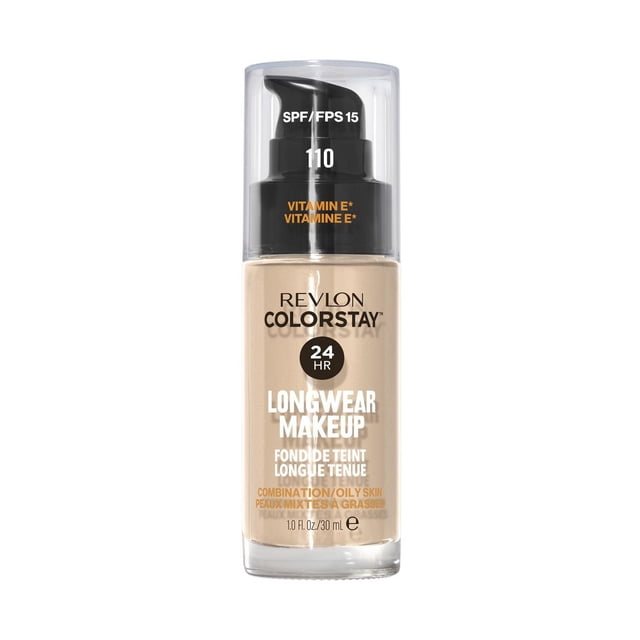 Revlon Colorstay™ Longwear Makeup Combo/Oily, 30mL pump bottle of beige liquid foundation for combination and oily skin, with SPF 15 and antioxidant Vitamin E, offering 24-hour oil control and a poreless matte finish, suitable for humid Canadian climates.