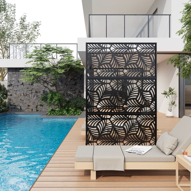 Edtara Outdoor Privacy Screen, Laser Cut Metal Divider Panel with Tropical Leaf Design, Freestanding and Weatherproof for Patio, Deck, Backyard, or Balcony