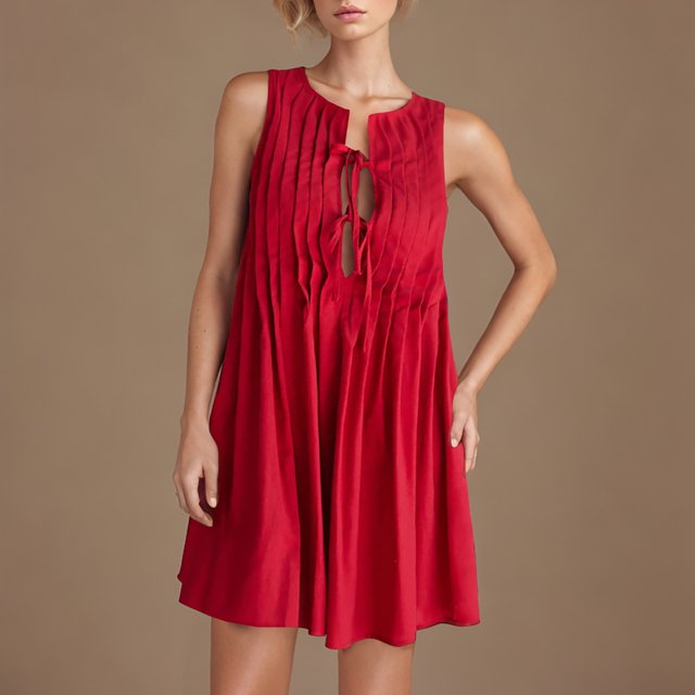 Ovzne Robes Grande Taille pour Femmes aux Formes Robe Décontractée Sans Manches à Col Rond à Lacets Robe Plissée Robe de Printemps Liquidation