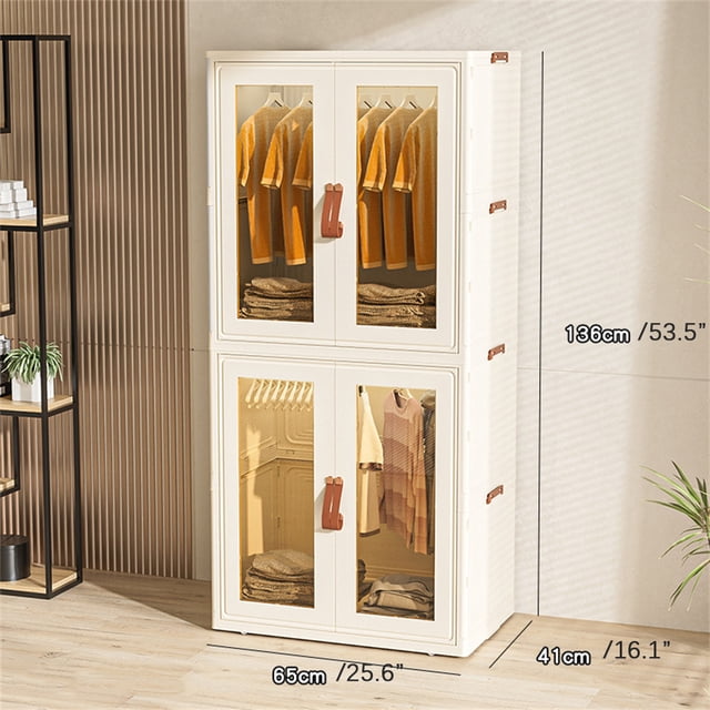 Garde-robe Pliable Simple Garde-Robe Portable Armoire à Vêtements Armoire de Chambre et de Nursery Installation Rapide Commode Armoire de Rangement Armoire pour Enfants Orientée vers l'Avant en Plastique PP+ABS Épaissi avec Grande Zone de Suspension, Tiroirs Intégrés et Espace de Casier, Doubles Portes Transparentes, Boucles à Pression Latérale et Roulettes; Sans Outils, Conception Pliable Idéale pour Organiser des Robes, Manteaux Ou Jouets dans les Petites Chambres.