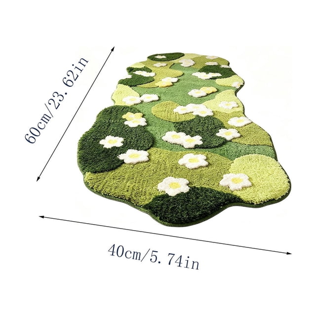 Flower Runner Rug Irregular Wavy, Tufted Area Rug Soft Green Floral Carpet Non for Bedroom Bedside Bathroom Home