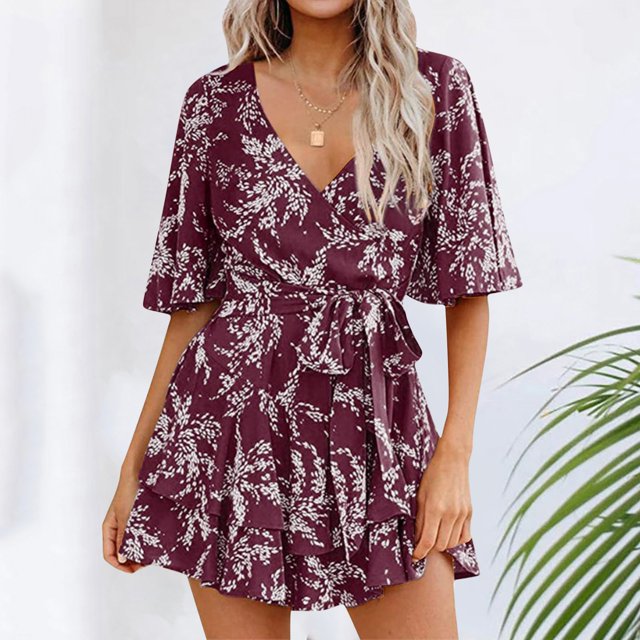 WILLBEST Robes et Combinaisons à Manches en V à Fleurs pour Femmes avec Ceinture Plissée
