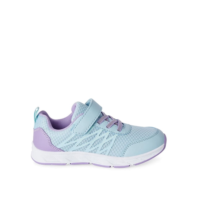 Athletic Works Girls' Max Sneakers in light blue and lavender with faux leather and mesh upper, round toe, Velcro-strap and lace-up closure, padded collar, pull loop, and durable rubber outsole for traction, suitable for active play and sports.