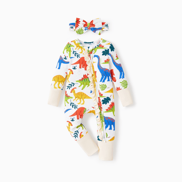 PatPat Viscose from Bamboo Baby Boy/Girl Animal Printed 2 Way Zipper Anti Slip Long-sleeve Footie with Hairband