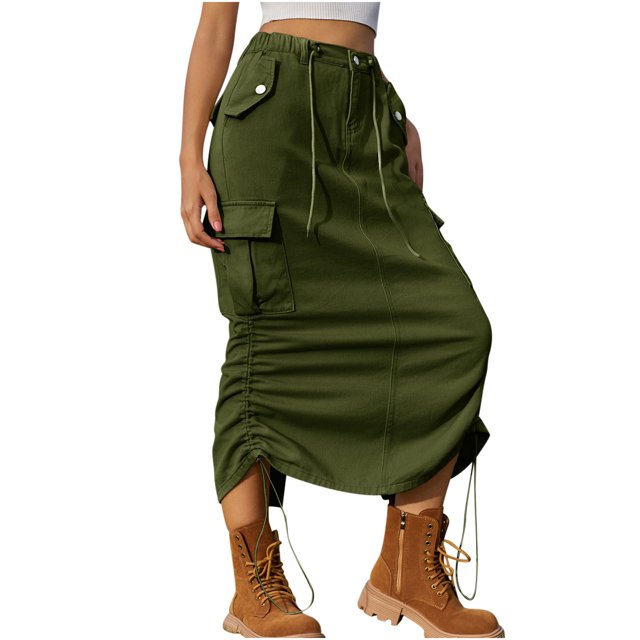 Mrat Jupe Plissée pour Femme Jupe en Denim de Printemps/été pour Femme Jupe Cargo en Denim Décontractée Jupe avec Poches Jupe Décontractée Froncée Extensible Taille Haute Jupe Portefeuille Jupe Mi-Longue Vert Armée 2TG