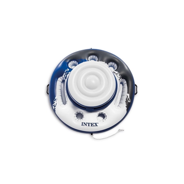 Intex Bouée Gonflable Mega Chill pour Piscine avec Trois Chambres à air, Cinq Porte-Gobelets Intégrés, Deux Plateaux, Poignées Durables et une Glacière Centrale Intégrée pour Boissons, en Vinyle Bleu, Blanc et Noir avec le logo Intex.