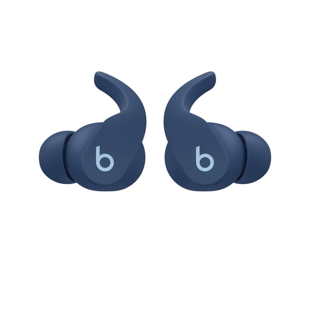 Beats Fit Pro True Wireless Earbuds in navy blue with flexible secure-fit wing tips and light blue 'b' logo, featuring active noise cancelling, adaptive EQ, and spatial audio for immersive sound during workouts or daily use, also suitable for hands-free calls and voice assistant interaction.