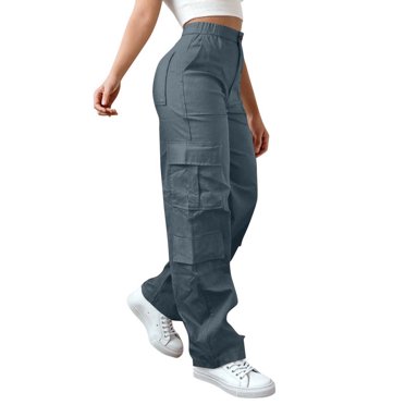 Ohufall Womens Cargo Pants Straight Leg Stretch Hiking Cargo Pant Trousers Button Elastic Waist Work Wear Cargo Pants