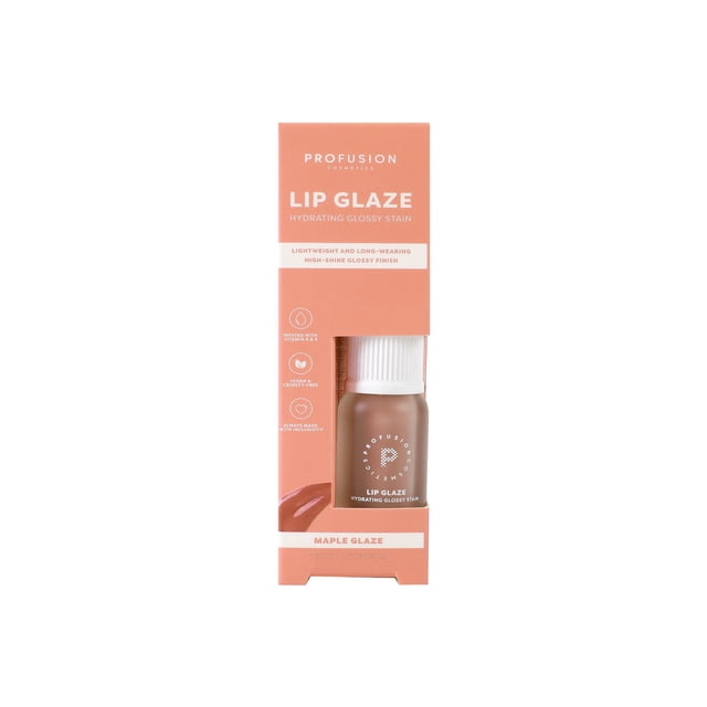 PROFUSION COSMETICS Hydrating Lip Stain in Maple Glaze shade, presented in a frosted bottle with white ribbed cap inside a peach-colored box labeled Lip Glaze hydrating glossy stain. The packaging notes a lightweight, long-wearing formula with a high-shine finish, infused with vitamins A and E, and certified vegan and cruelty-free.
