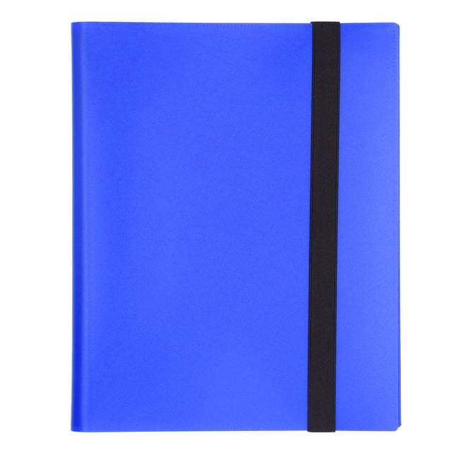 Card Binder, Trading Card Binder Large Capacity 9 Pocket PP Material for Home for Game Card in blue color. The binder features a durable PP material construction with a colorful cover design and a black elastic strap for secure closure. It includes 20 pages with 9 pockets per page, accommodating up to 360 cards. Suitable for storing game cards or photo albums, the binder is PVC and acid-free, ensuring safe storage without corrosion.