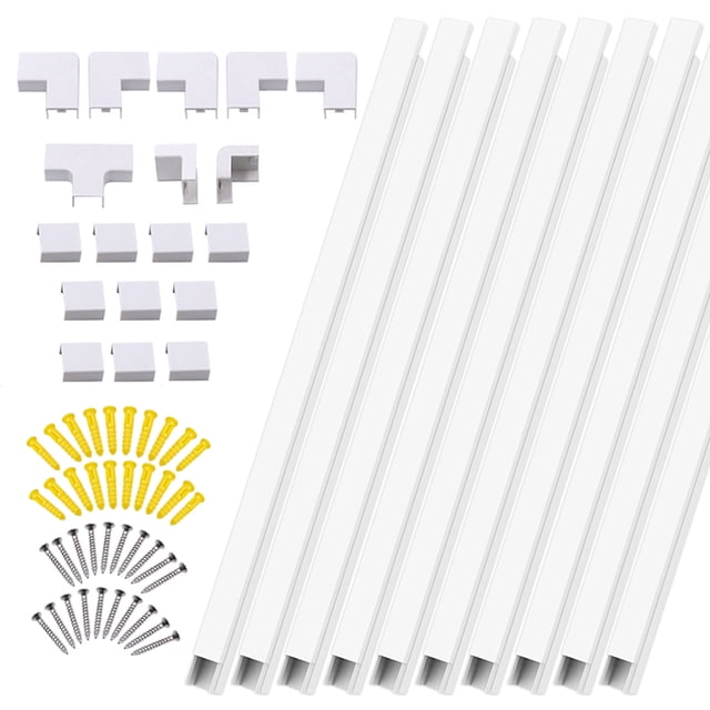 10Pcs PVC Cord Duct Cable Cover Raceway Wall Cable Management Electric Cache Cable Channel Wire Cover Waterproof. The set includes 10 white PVC cable concealers, each measuring 15.7 x 0.78 x 0.39 inches, with a total length of 4 meters. Accessories include 18 connectors, screws, and mounting hardware. Designed for organizing and protecting cables in spaces like living rooms, offices, and corridors, it is moisture-proof, insulated, and pet-safe. Suitable for wall-mounted TVs, computers, and other setups.