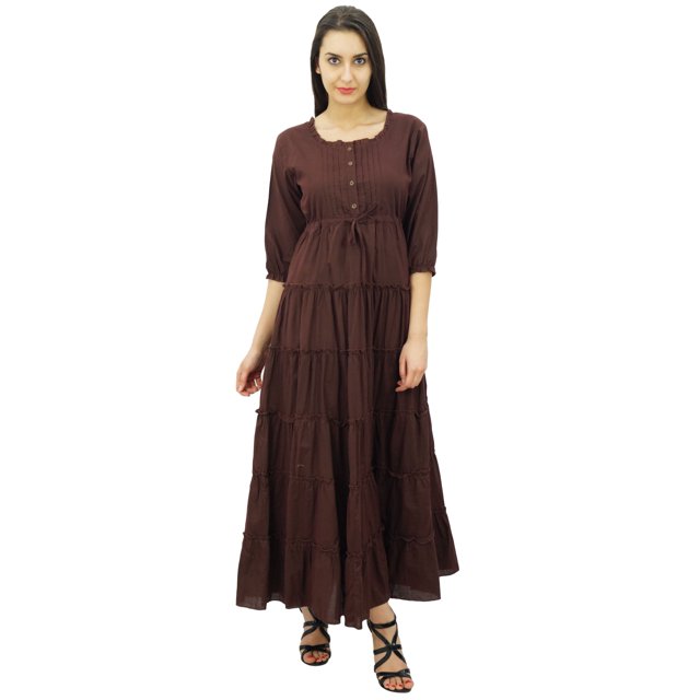 Bimba Robe Maxi d'Été en Coton à Manches 3/4 pour Femme, Taille à Cordon