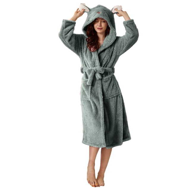 AherBiu Womens Robes Lightweight Fuzzy Fleece Warm Midi Bathrobe Soft Plush Belted Robe with Hood
