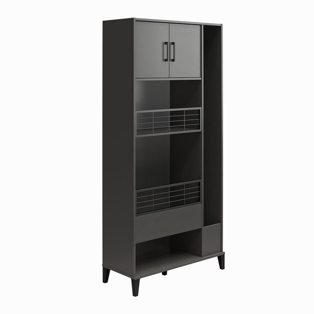 Black Systembuild Evolution Flex Sports Storage Cabinet featuring two upper doors, wire basket shelves in the middle, and an open vertical section on the right for sports gear.