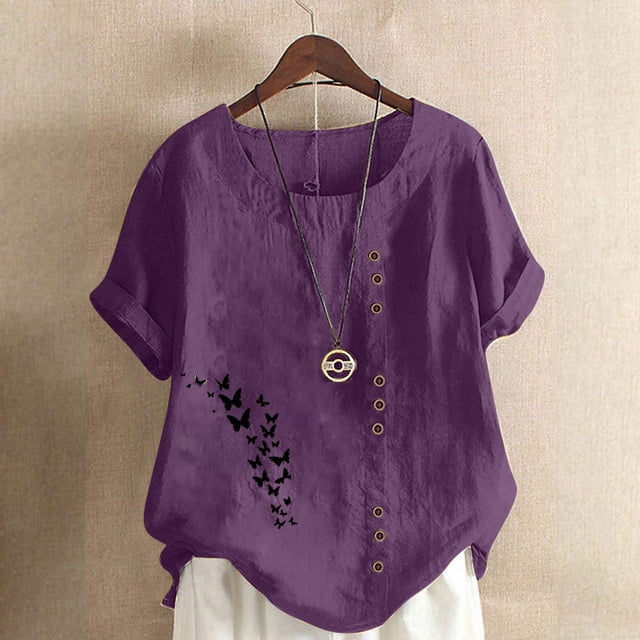 Soldes de Liquidation d'Été Iumwxz Grande Taille Lin Ample Confortable Décontracté Hauts Blouses pour Femmes T-Shirts à Imprimé Nœuds Col Rond Manches Courtes Blouse Hauts pour Dames Athlétique Aller à l'École