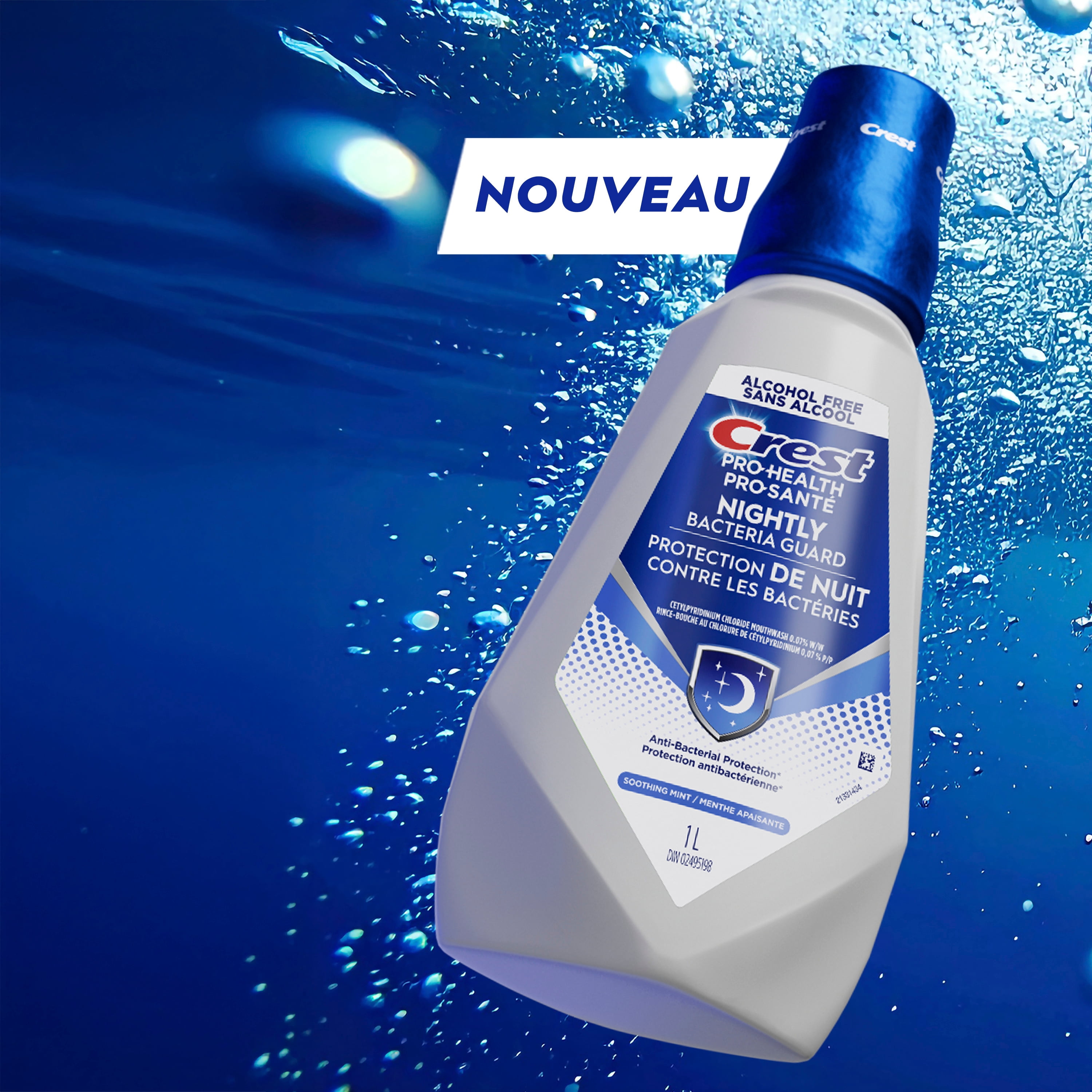 Rince-bouche Crest Pro-Santé Protection de nuit contre les bactéries, antibactérien pour une protection de nuit, sans alcool, antigingivite, antiplaque, Menthe apaisante, 1 L