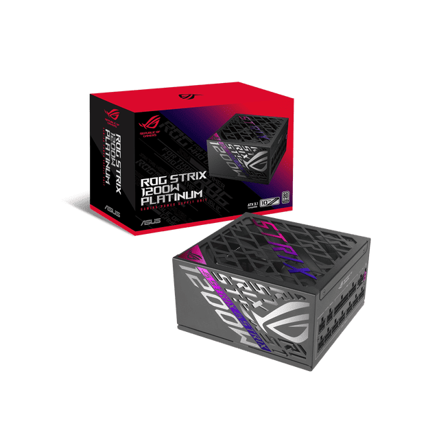 ASUS ROG STRIX 1200W Unité d'Alimentation Platine au design Noir Épuré Mettant en Vedette le logo ROG et des accents Vibrants. l'Unité Est Présentée aux Côté de Son Emballage, Ce Qui Met en Valeur des Caractéristiques Clés Telles Que la Compatibilité ATX 3.1, la Préparation PCIe 5.0 et la certification PLATINUM 80 PLUS. Conçue avec la Technologie GaN MOSFET pour une Efficacité Énergétique Supérieure, de Grands Dissipateurs Thermiques ROG pour un Fonctionnement PLUS Frais, et des Roulements à Double Bille pour la Durabilité. Idéale pour
