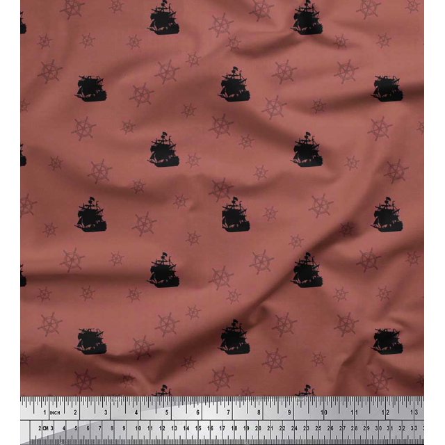 Soimoi Tissu en Velours Brun Imprimé Nautique Navire & Roue au Mètre 58 Pouces de Large