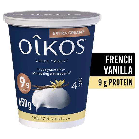 Oikos yogourt crémeux en pot saveur vanille française, 4 % de matières grasses, 9 g de protéines, 650g