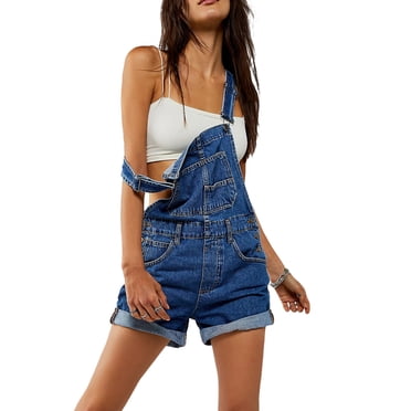 Honganda Salopette Courte en Denim pour Femmes, Bretelles Ajustables, Poche, Combishort, Short, Poignets Roulés