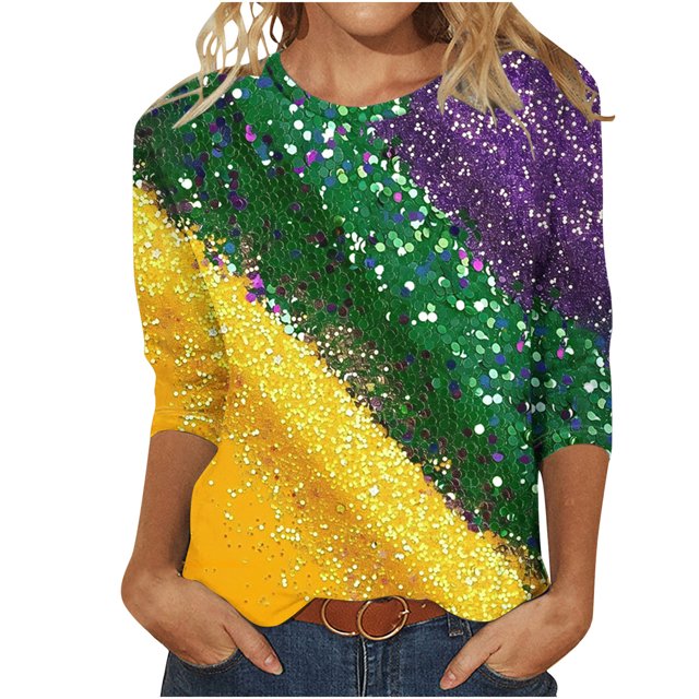 Penkiiy Blouse de Carnaval pour Femmes Mardi Gras Mode Imprimé Décontracté Col Rond Manches 3/4 T-shirt Blouse Multicolore