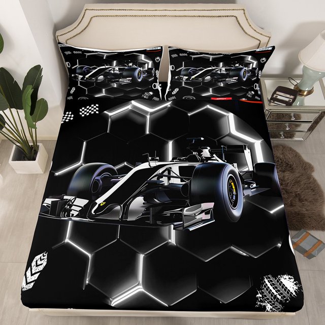 YST Black Race Car Fitted Sheet Queen Neon Honeycomb Racing Car Games Bedding Set For Kids Boys Teen,Racing Helmet Wheel Checkered Flag Bed Sheets Soft Breathable Fitted Bed Sheets