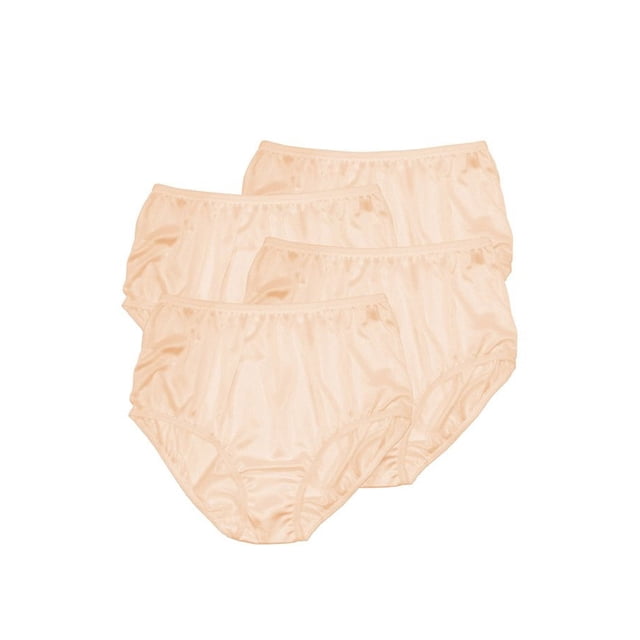 Teri Lingerie Plain Jane Full Cut Nylon Brief 4-Pack 331 featuring four full-cut briefs in a light nylon fabric with a silky smooth satin finish. These briefs are subtly shaped to follow the natural contours of the body, offering a comfortable fit with no slipping or ride-up. The covered elastic waistband and soft scalloped trim provide stretch without pinching. Designed for women seeking comfort and fit, these briefs are shown in a neutral tone.