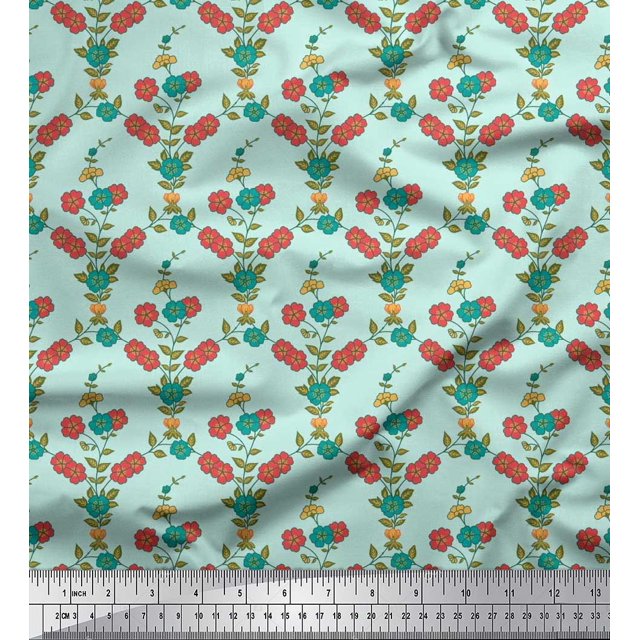 Soimoi Poly Georgette Fabric Leaves & Floral Printed Fabric 1 Yard 42 Inch Wide