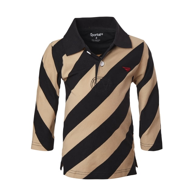 Sportoli Polo Rugby à Manches Longues en Coton à Larges Rayures pour Garçons - Noir/beige (Taille 10)