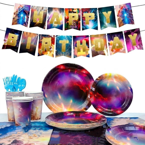 Ensemble de Vaisselle de Décoration pour Fête d'Anniversaire, Fournitures de Fête Vaisselle Incluant Nappe Bannière Assiettes Serviettes Gobelets pour Décorations de Fête d'Anniversaire