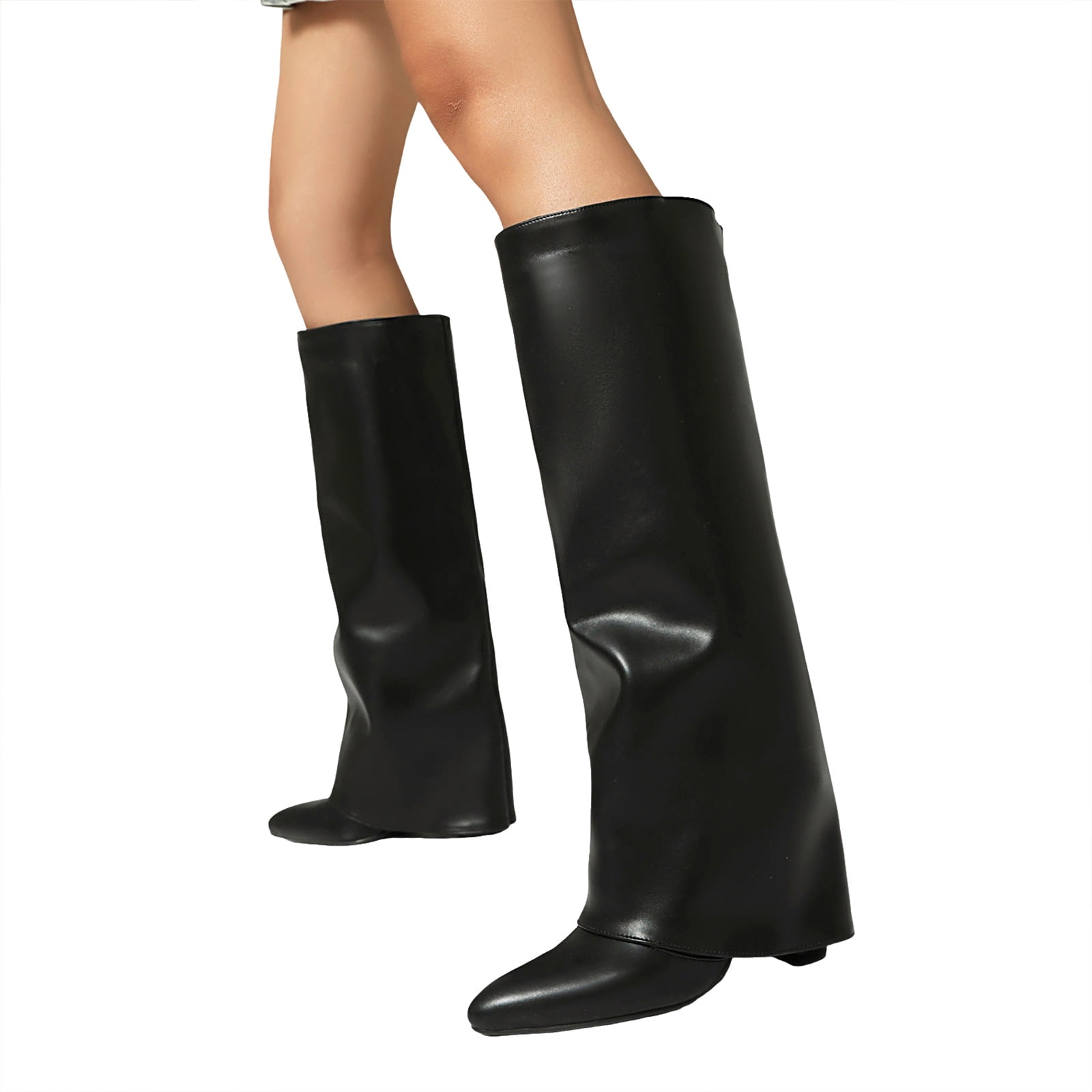 【GRANCY】Fold-over Leather Shoes 40 Knee High Fold over Boots for Women Winter Fall Leather Pointed