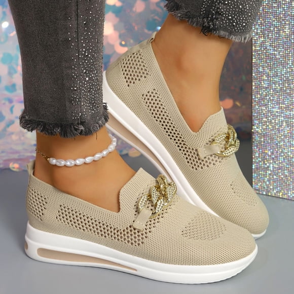 Commforr Walking Shoes Women, Slip On Loafers for Women Platform Wedge Metal Chain Ballet Flats Round Toe Chunky Bottom Low Top Dress Shoes for Women Ladies Vacation Work Nurse, Beige, 6.5