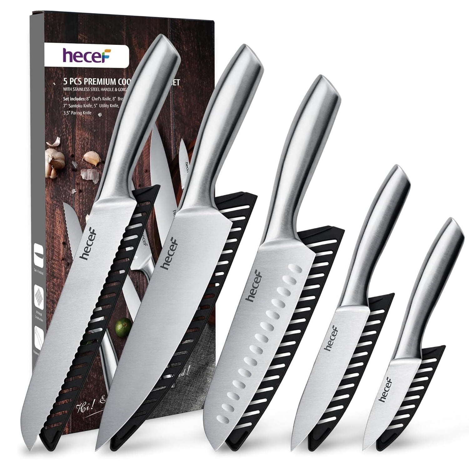 Hecef 5-PCS High Carbon Stainless Steel Kitchen Knife Set with Ergonomic Handle and Blade Covers