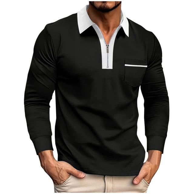 cfhntfmh Men's Shirts Casual Long Sleeve Collared Golf T Shirt Slim 1/4 Zipped Color Block Basic Tops with Pockets