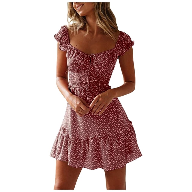PVCS Robe Taille Haute pour Femmes à Manches Courtes, à Lacets, avec Jupe Fleurie à Volants et Coutures